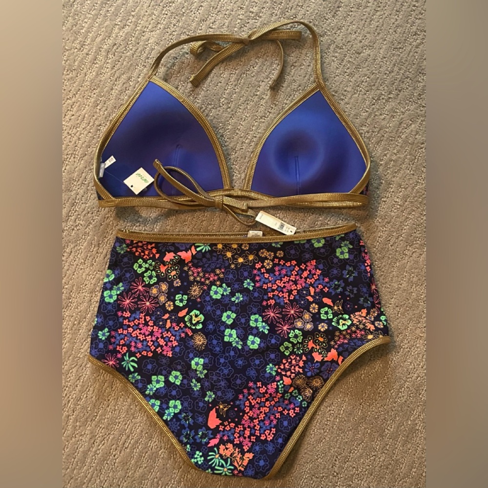 NWT! AERIE FLORAL GOLD/COPPER TRIM HALTER TIE BIKINI SET - Picture 2 of 3